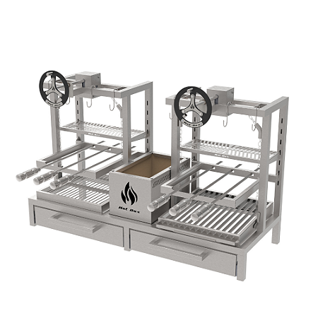 Churrasqueira Parrilla Residencial Premium Dupla INOX 304 - Para Alvenaria 118 x 45cm Com Volante