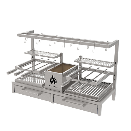 Churrasqueira Parrilla Residencial Premium Dupla INOX 304 - 118 x 45cm Para Alvenaria Com Tendal