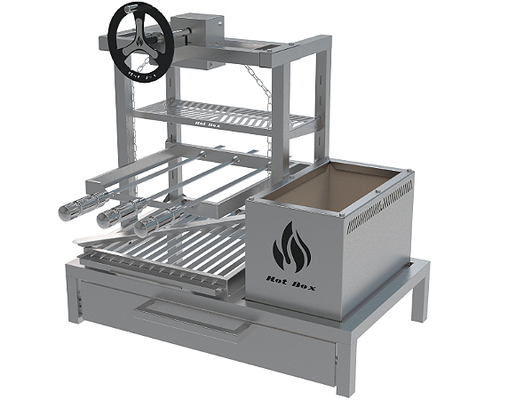 Churrasqueira Parrilla Residencial Hotbox Premium INOX 304 - Para Alvenaria Com Volante e Porta 74x45 e 97x45cm