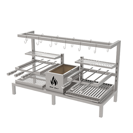 Churrasqueira Parrilla Residencial Hotbox Premium Dupla INOX 304 - 118 x 45cm Para Alvenaria Com Tendal