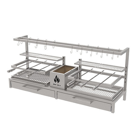 Churrasqueira Parrilla Residencial Premium Hotbox Dupla INOX 304 - Alvenaria Com Tendal e Porta 165 x 45cm
