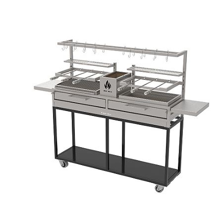 Churrasqueira Parrilla Residencial Premium Hotbox Dupla INOX 304 - Carrinho Com Tendal 165 x 45cm