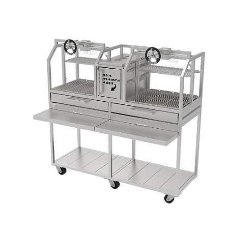 Churrasqueira Parrilla Profissional Premium 126cm, 146cm OU 166cm, 2 Volantes - INOX 304
