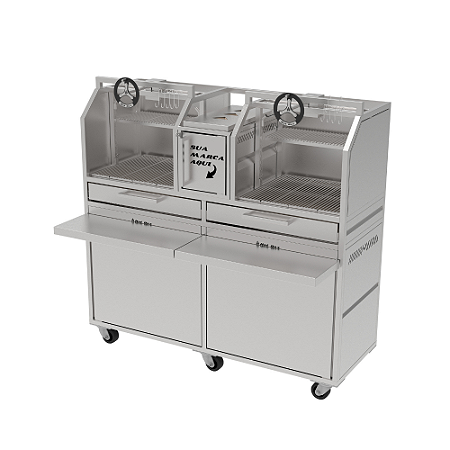 Churrasqueira Parrilla Profissional Premium 126cm, 146cm OU 166cm, 2 Volantes Carenada - INOX 304