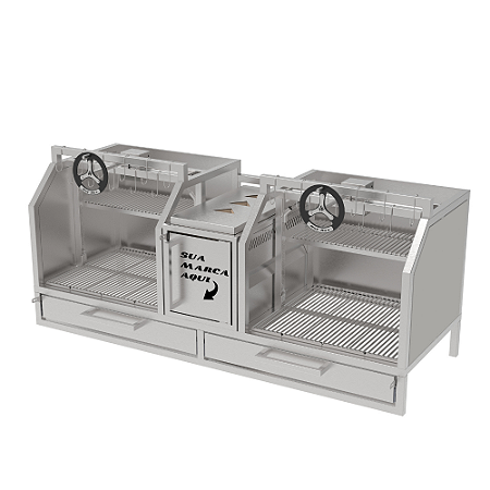 Churrasqueira Parrilla Profissional de Alvenaria Premium 127cm, 146cm OU 166cm, 2 Volantes - INOX 304 - Carenada