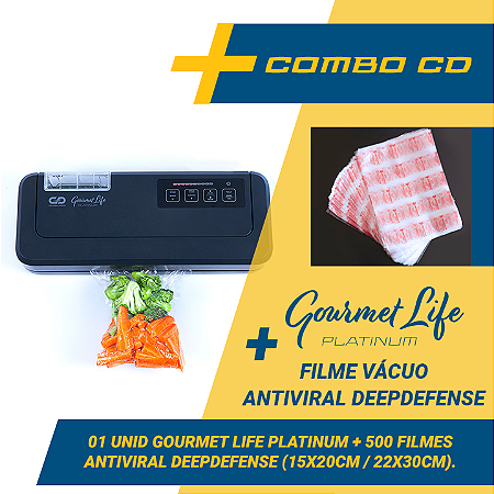 Combo Seladora a Vácuo Automatica Gourmet Life Platinum + 500 sacos Antiviral DeepDefense (15x20 e 22x30) com reservatório para líquidos