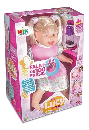 Boneca Lucy Fala 100 Frases Milk Brinquedos Acompanha Mamadeira e Chuquinha