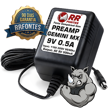 Fonte AC 9V 0.5A Para Preamp Stereo DJ Mixer Gemini MX-01 e MX-02