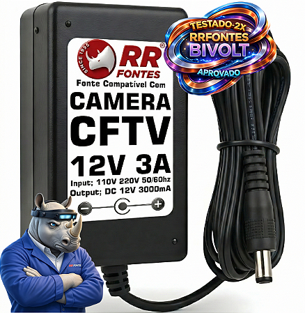 Fonte bivolt 12V 3A estabilizada para câmeras de segurança CFTV