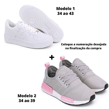Kit AF1 branco + Adidas NMD cinza/rosa - M.Shoes Imports