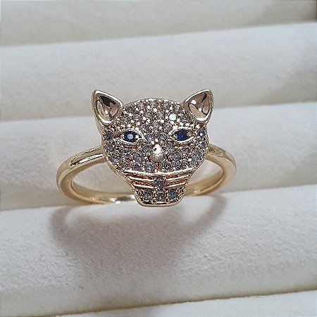 ANEL FINO CARA DE PANTERA TODA CRAVEJADA DE MICRO ZIRCONIAS COM OLHOS AZUIS EM BANHO DE OURO 22K