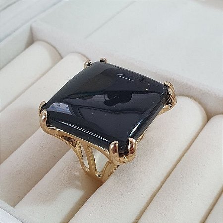 ANEL OURO 18 K PEDRA QUADRADA AGATA PRETA CENTRAL