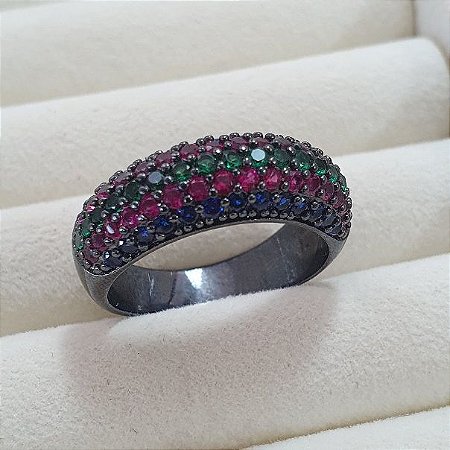 ANEL RODIO NEGRO ALIANÇA CRAVEJADA DE MICRO ZIRCONIAS COLORIDAS