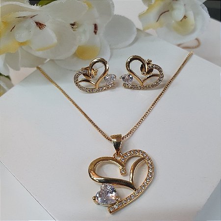 CONJUNTO COLAR E BRINCO CORAÇÃO VAZADO COM ZIRCONIAS