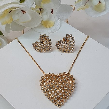 CONJUNTO COLAR E BRINCO CORAÇÃO INTEIRO CRAVEJADO ZIRCONIAS BRANCAS