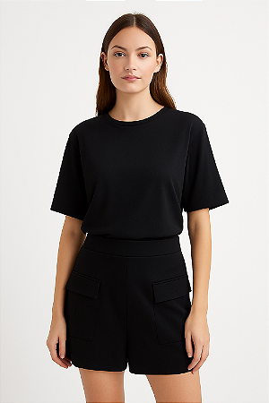 CONJUNTO MALHA BLUSA CROPPED E SHORT SAIA COM LAPELA PRETO