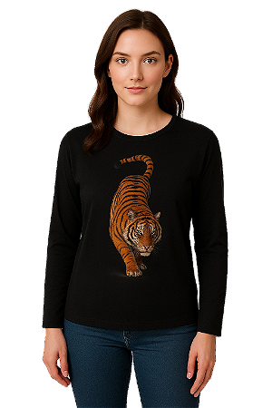 BLUSA MALHA VISCOSE MANGAS LONGAS BORDADO ONÇA NA FRENTE COR PRETO