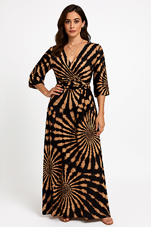 VESTIDO LONGO MANGAS LONGAS ESTAMPADO TONS ANIMAL PRINT