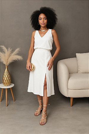 CONJUNTO BLUSA CAVADA DECOTE V E SAIA MIDI FENDA MEIO LATERAL