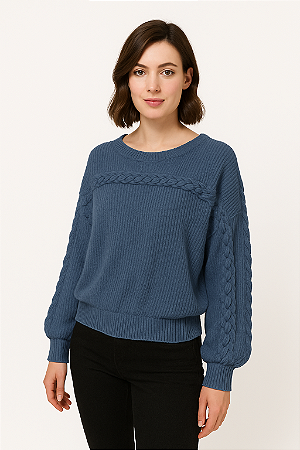 BLUSA CROCHE TRANÇADA MANGA CURTA COR AZUL