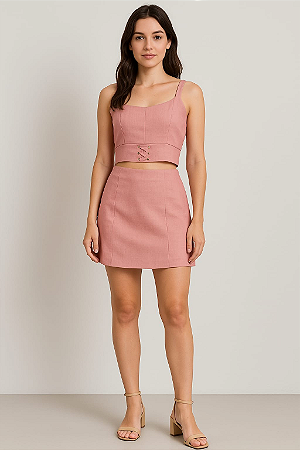 CONJUNTO CROPPED COM AMARRAÇÃO E SHORT SAIA COM PREGAS ROSE