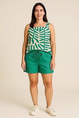 CONJUNTO BLUSA ALÇA LARGA ESTAMPADA E SHORT COM ELASTICO BOLSO TURQUEZA