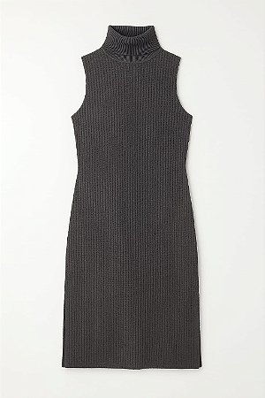 VESTIDO MALHA QUADRICULADA GOLA ALTA E CAVADO COR PRETO