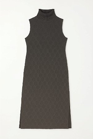 VESTIDO CAVADO GOLA ALTA LANZINHA MALHA TRABALHADA COR PRETO