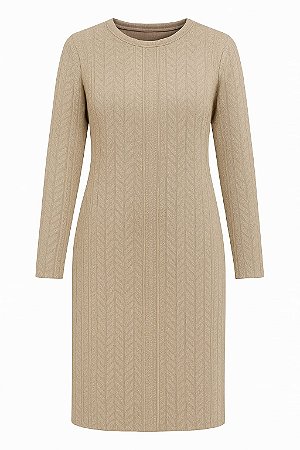 VESTIDO MIDI TRICO TRABALHADO MANGA LONGA COM COLAR NUDE