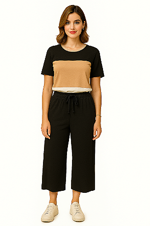 CONJUNTO MALHA BLUSA LISTRADA NUDE PRETO E BEGE E CALÇA PANTACUR PRETA