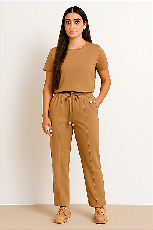 CONJUNTO MALHA BLUSA E CALÇA COM VINCO CAPUCCINO