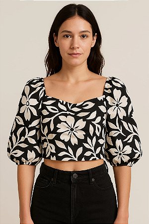 CROPPED COM MANGA 3/4 PRINCESA E ELASTICO NAS COSTAS PRETO E BRANCO