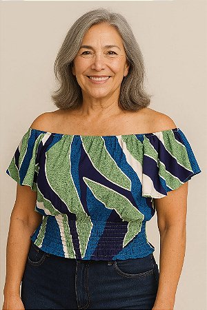 BLUSA CIGANINHA COM BABADO MANGA E ELASTICO NA CINTURA ESTAMPADA AZUL VERDE  E BRANCO