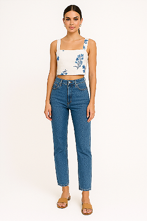 CROPPED LINHO BORDADO FLORES AZUIS ALÇA LARGA TRANÇADA ELASTICO COSTAS BRANCO