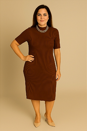 VESTIDO MIDI CANELADO MANGAS CURTAS MEDIAS E FENDAS LATERAIS