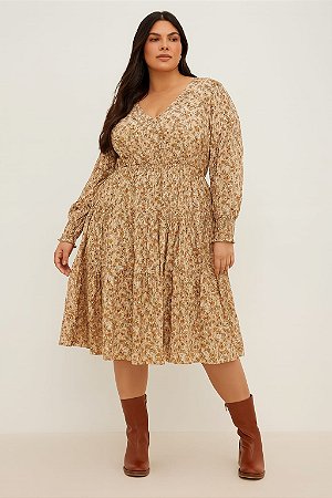 VESTIDO CURTO MEDIO MANGAS LONGAS PUNHO E CINTURA ELASTICO EM CAMADAS ESTAMPA FLORZINHAS TONS MARROM