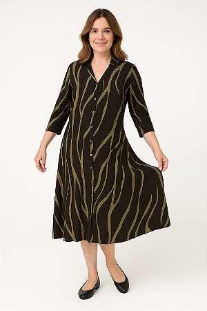 VESTIDO CHEMISE MALHA ESTAMPADO VERDE MUSGO E PRETO