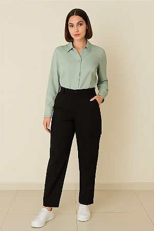 CALÇA JEANS WIDE LEG CARGO PRETA