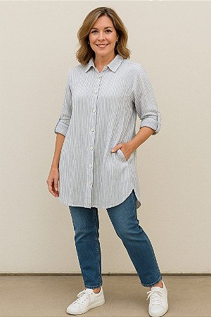 CAMISA MANGA 4/4 LISTRADA AZUL E BRANCA