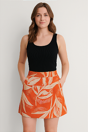 SHORT SAIA ESTAMPADA TERRA COTA DETALHES FOLHAS BEGE