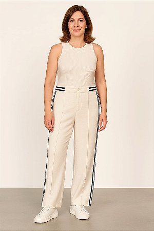 CALÇA PANTALONA COM VIES FAIXA PRETA NAS LATERAIS COR BEGE