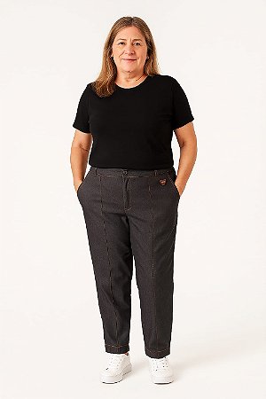 CALÇA DENIM PLUS SIZE  ALFAIATARIA PESPONTO LARANJA BOLSO FACA E ELASTICO CINTURA COR CINZA ESCURO