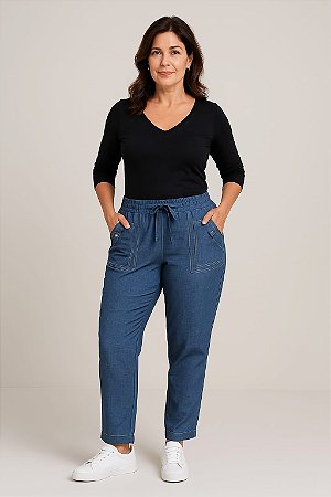CALÇA FORRADA BOLSOS PESPONTADOS CREPE DE JEANS