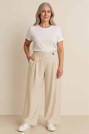 CALÇA VISCOLINHO COM PREGAS COS COM CINTO FIXO E BOTÃO LATERAL CRU