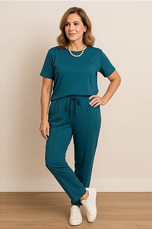 CONJUNTO BLUSA DECOTE REDONDO E MANGAS E CALÇA COM FRISO NA FRENTE AZUL PETROLEO