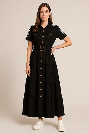 VESTIDO CHEMISE LONGO RODADO DETALHE LISTRAS OMBROS BOLSOS COM LAPELAS PASSANTE E CINTO COR CAQUE