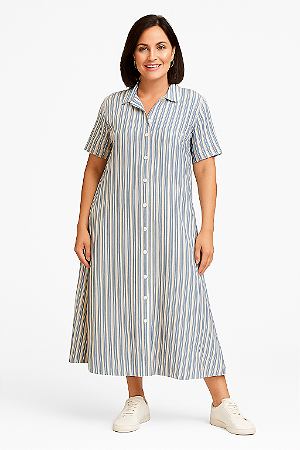 VESTIDO CHEMISE LONGO MANGA CURTA LISTRADO AZUL E BRANCO