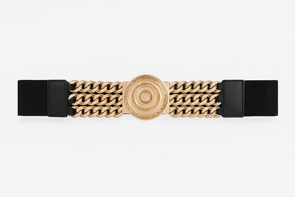 CINTO ELASTICO MEDALHÃO COM TRES CORRENTES DOURADAS DE CADA LADO