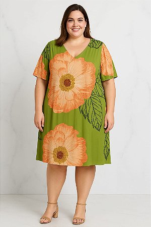 VESTIDO CURTO MEDIO COM MANGAS CURTAS DECOTE V FRENTE E COSTAS  ESTAMPADO VERDE LARANJA