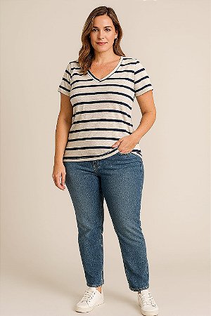 T-SHIRT COM MANGA CURTA DECOTE V LISTRADA CRU E AZUL MARINHO
